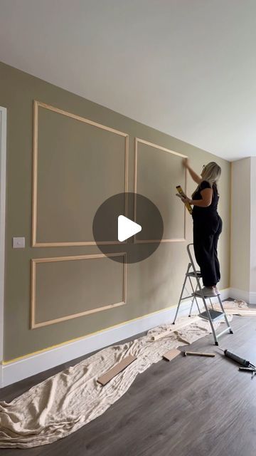 Haylie 💗 on Instagram: "DOING MY THING!
All in a days work ☺️

Here a feature wall I did this week for @kerrygrainge 
This style was perfect for her Lounge 

Colour - french gray by F&B 
Pine cover moulding - @bpsbuildit 

_______________________________________________
#panelling #panellingfeaturewall #featurewall #lounge #panellingideas #panellingstyle #frenchgray #femaletrader #womendodiy #reelsinstagram #shecan #homeinteriors #decorator" French Moulding Living Room, French Style Panelling, Half Panelled Walls Dining Room, Panelling In Lounge, Living Room With Molding On Walls, Lounge Room Feature Wall, Lounge Paneling, Living Room With Wall Panelling, Wall Moulding Ideas Dining Room