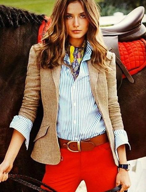 Equestrian Prep - Imgur #equestrianfashionoutfits Preppy Mode, Equestrian Chic, Scarf Knots, Equestrian Fashion, Ralph Lauren Style, Mode Casual, Equestrian Outfits, Riding Outfit, Red Pants