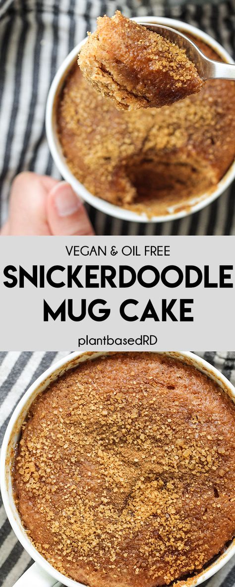 This snickerdoodle cookie mug cake is the best treat without the baking mess. Just 8 simple ingredients and a microwave are all you need! Serves one and can be popped in the oven to bake in case you don't have a microwave Snickerdoodle Mug Cake, Cookie Mug Cake, Mug Cake Vegan, Soft Snickerdoodle Cookies, Cookie Mug, Vegan Mug Cakes, Vegan Oil Free, Cookie In A Mug, Microwave Cake