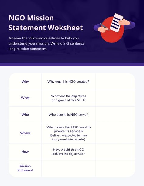 NGO Mission Statement Worksheet Template Visme Mission Statement, Worksheet Template, Nonprofit Organization, Non Profit, Planner Template, Understanding Yourself, Foundation, Writing, Organisation