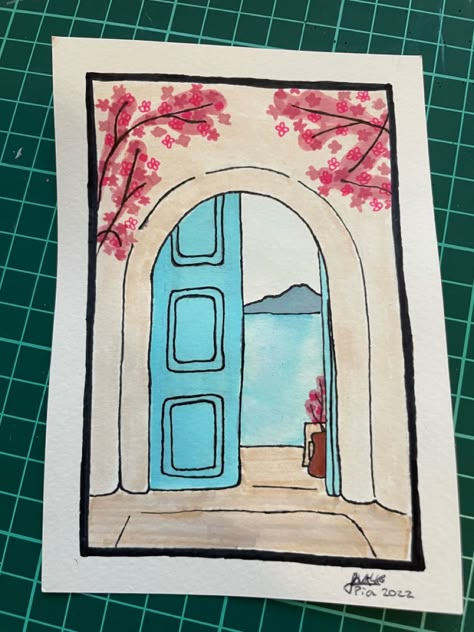 A wall with a blue half open door overlooking the ocean, with cherry blossom over the door. Mom Painting Ideas Easy, Mamma Mia Canvas Painting, Mamma Mia Watercolor, Mamma Mia Painting Easy, Mama Mia Painting Ideas, Mamma Mia Drawing Easy, Mama Mia Drawing, Mamma Mia Crafts, Mamma Mia Painting Ideas