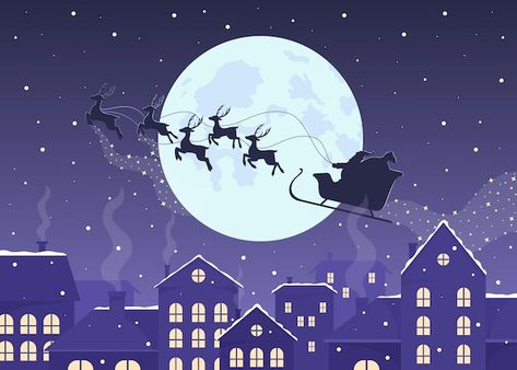 Santa And His Sleigh Drawing, Santa Sleigh Watercolor, Santas Sled Drawing, Santa Flying Over Houses, Flying Santa And Reindeer, Santa Sleigh Painting, Santa And Reindeer Flying Silhouette, Santa Sleigh Drawing, Santa Sleigh Illustration