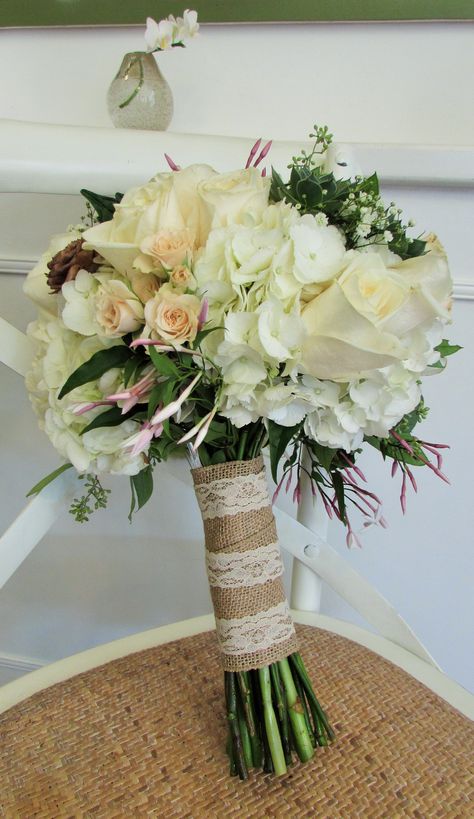 Burlap and lace wrap around this beautiful bouquet Burlap Bouquet Wrap, Burlap Bouquet, Lace Bouquet, Bouquet Images, Burlap And Lace, Bridal Wrap, Bouquet Wrap, Lace Wrap, Wedding 2024