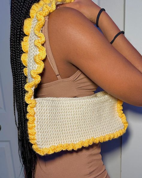 Introducing our new ✨Crochet Croquette Ruffle Shoulder Bag✨ Now available in my Etsy Shop!!🤗 - - - - #handmade #amigurumi #crocheting #crochetersofinstagram #crochetaddict #crochet #crochetshop #crochetaddict #crochetlove #crochethats Crochet Coquette, Ruffle Bag, Ruffles Bag, Yellow Yarn, Crochet Ruffle, Crochet Shop, Crochet Clothing And Accessories, Baby Yellow, Crochet Art