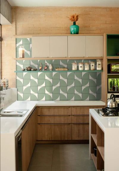 Pattern Tile Kitchen Backsplashes, Mid Century Modern Kitchen, Patio Flooring, Clay Tiles, Interior Floor, Kitchen Tiles, Kitchen Backsplash, Decoration Design, Home Decor Kitchen