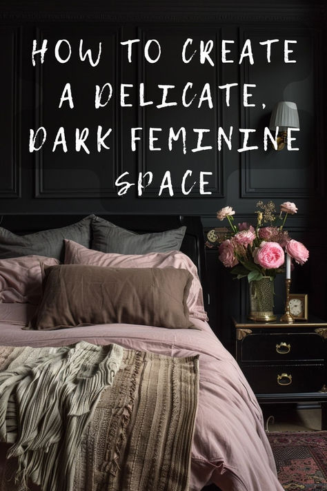 Ready to unveil the elegance of dark feminine decor in your bedroom? Explore how to mix deep colors with feminine touches for a sophisticated retreat. Click for inspirational decor ideas! 🛏️💜 #SophisticatedStyle #FeminineChic #BedroomRetreat #DarkDecor #ElegantBedroom Bedroom Ideas One Window, Moody Blush Bedroom, Witchy Bedroom Ideas Cozy, Dark And Cozy Aesthetic, Feminine Energy Bedroom, Dark Luxurious Bedrooms, Paint Colors For Boho Bedroom, Bedroom Moody Dark, Witch Inspired Bedroom