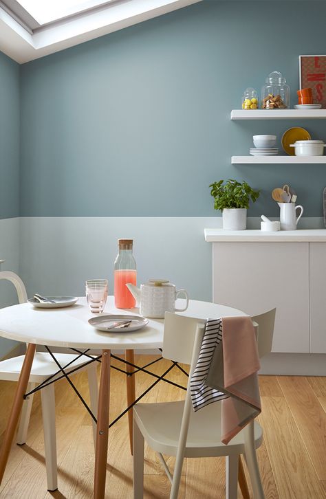 Can't decide on the perfect shade for your kitchen wall? Why not pick 2 colours to go together? Here we have Marble Top and Soft Duck Egg. Duck Egg Kitchen, Duck Egg Blue Living Room, Duck Egg Blue Kitchen, Lemon Squash, Kitchen Feature Wall, Matt Kitchen, Best Kitchen Colors, Paint For Kitchen Walls, Crown Paints