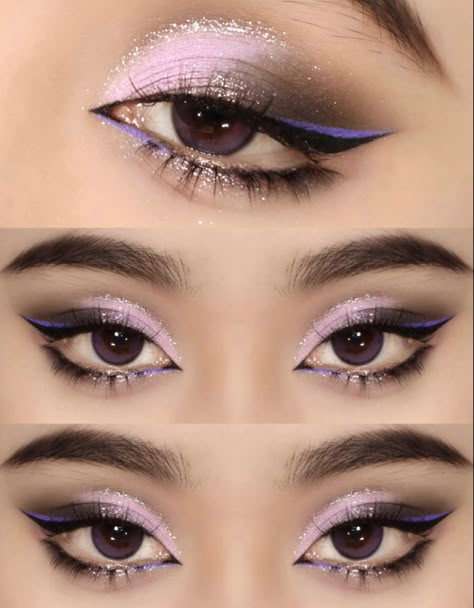 Queen Makeup Looks Royal, Creative Eye Makeup Tutorial, Whimsical Makeup Fairies, Unique Makeup Looks Fun, Violet Makeup Look, Light Purple Eye Makeup, Light Eyeshadow Looks, Purple Gold Makeup, Glam Eyeshadow Looks