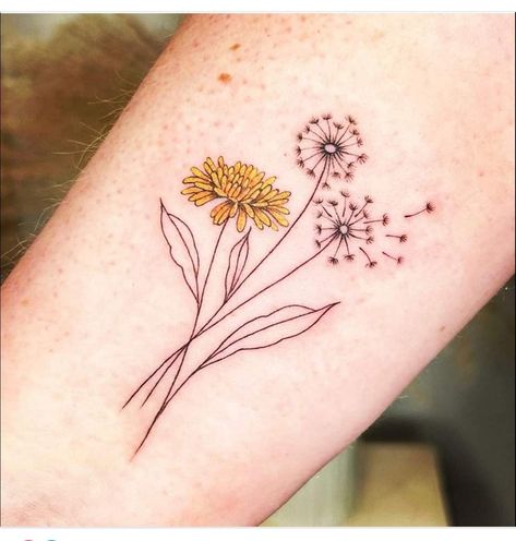 Dandelion Tattoo With Color, Dandelion Line Tattoo, Mini Dandelion Tattoo, Color Dandelion Tattoo, Dandilines Tattoo, Dandy Lion Tattoo, Fine Line Dandelion Tattoo, Yellow Dandelion Tattoo, Small Dandelion Tattoo