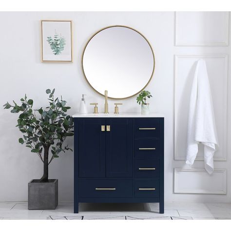 32 In Bathroom Vanity, 32 Inch Bathroom Vanity, Gold Pulls, 36 Inch Vanity, Blue Bathroom Vanity, Minimalist Cabinet, Bathroom Stuff, Blue Vanity, Never Compromise