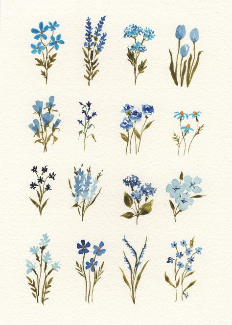 Bam. Sixteen blue buddies. Feeling snippy? They got ya. Feeling bloomy? They got that too. Feeling blue? They got it in spades. Take 'em home. Just do it. Dimensions: 5" x 7" Painted on Fabriano Artistico Traditional White 100% cotton, 140 lb, cold pressed watercolor paper. Single Flower Painting Simple, Watercolor Patterns To Paint, Watercolor Single Flower, Dainty Flower Painting, Blue Flower Art Paintings, Small Watercolor Flowers, Simple Flowers To Paint, Small Painted Flowers, Blue Painting Ideas Easy