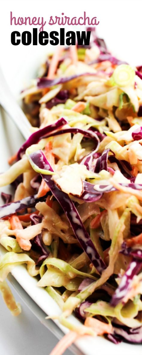 This HONEY SRIRACHA COLESLAW is made with 2 kinds of cabbage and a creamy honey dressing with a kick. Sweet Sour Coleslaw Slaw Recipes, Spicy Cole Slaw Recipes, Sriracha Slaw, Sriracha Coleslaw, Mayo Based Coleslaw Slaw Recipes, Cooper’s Hawk Asian Slaw Recipe, Summer Slaw, Best Coleslaw Recipe, Creamy Honey