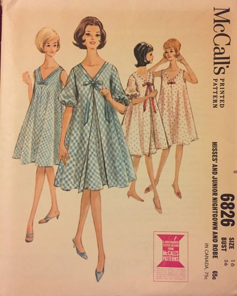 McCall's 6826; ©1963; Misses' and Junior Nightgown and Robe. Bias, V-neck nightgown and robe. 1950s Sleepwear, Pajama Sewing Pattern, Vintage Pajama, Pattern Aesthetic, Nightgown And Robe, Vintage Pajamas, Matching Robes, Sewing Lingerie, Vintage Dress Patterns