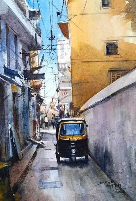 Dewa Ramteke Street Drawing, Plein Air Watercolor, Ganesh Art Paintings, Watercolor Art Landscape, Butterfly Art Painting, Water Poster, Building Painting, Watercolour Landscape, India Photography