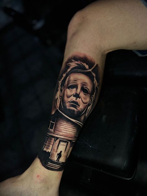 Micheal Myers Tattoo Ideas, Micheal Myers Tattoo, Michael Myers Tattoo, Myers Tattoo, Half Sleeve Tattoos For Guys, Half Sleeve Tattoo, Michael Myers, Stencil Designs, Sleeve Tattoos