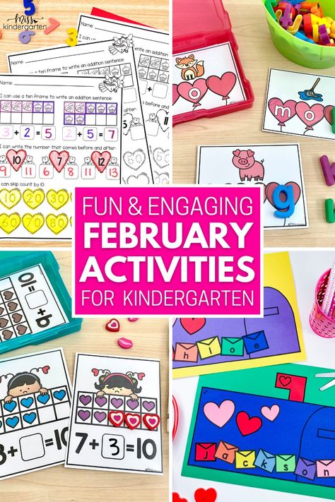 Four Valentine's themed activities for February Activities For February, February Kindergarten, February Lessons, Learning Kindergarten, Kindergarten Literacy Centers, Morning Work Activities, February Activities, Fast Finisher Activities, Miss Kindergarten