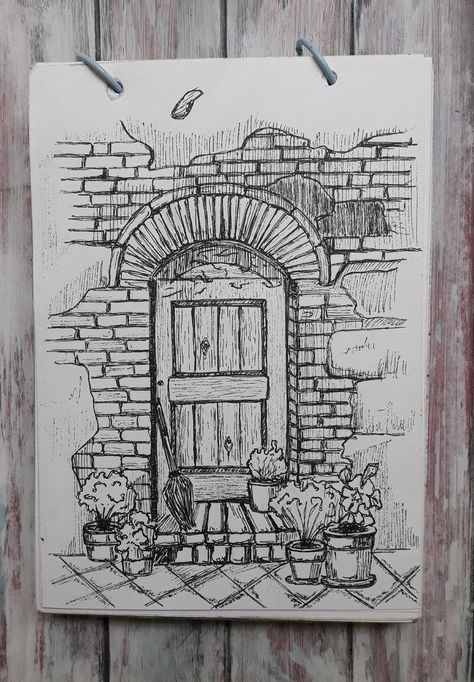 Colored Micron Pen Art, Black Pen Art, Door Drawing, Pen Art Work, Furniture Architecture, Pen Art Drawings, Black And White Art Drawing, Cool Pencil Drawings, Easy Canvas Art