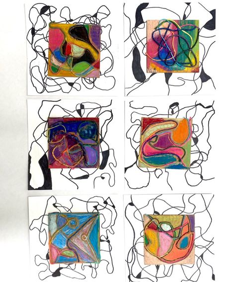 Art Projects Grades 3-5, Art Class Ideas Elementary, Line Art Projects Elementary, Wikki Stix Ideas, Abstract Colored Pencil Art, Abstract Drawing Ideas, Shape Lessons, Cardboard Art Projects, Let Go Of Expectations