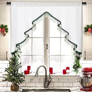 Christmas Window Valance Ideas, Christmas Window Curtain Ideas, Christmas Kitchen Curtains, Christmas Tree Kitchen, Short Window Curtains, Tree Curtains, Bohemian Christmas, Tier Curtains, Protein Power