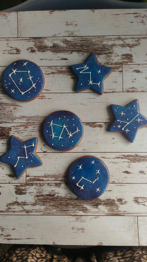 Star Themed Dessert Table, Space Themed Cookie Cake, Stargazing Birthday Party, Moon And Stars Birthday Theme Space Party, Dark Blue Cookies, Astronomy Birthday Party Ideas, Celestial Aesthetic Party, Diy Moon Decor Party, Outer Space Birthday Cookies