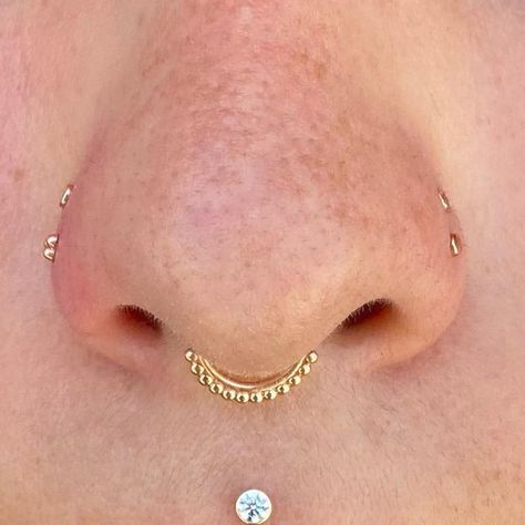 Golden Age on Instagram: "When you’re obsessed with symmetry 🪞 #goldenagebodypiercing #cutepiercing #septumpiercing #verticallabret #medusapiercing #philtrumpiercing #pairednostrils #pairednostrilpiercings #eaglerock" Philtrum Piercing, Medusa Piercing, Eagle Rock, Nose Piercings, Cute Piercings, Septum Piercing, Nose Piercing, Golden Age, Piercings