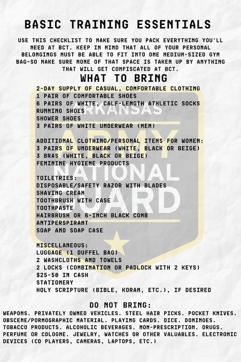 Use this list to prepare as you pack for Basic Training. Be sure to talk with your Recruiter to get an updated list of any additional items you may need to bring. Basic Training Packing List, Army Tips, What To Pack For Basic Training Army, Army Basic Training Packing List, Basic Training, Us Army Basic Training, Navy Basic Training, National Guard Basic Training, Military Training Workout