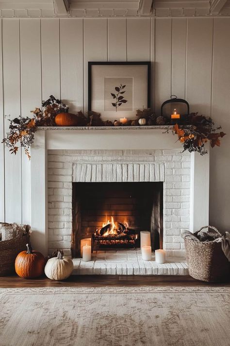 7 Fall Mantel Decorating Ideas to Try This Year - My Breezy Room Seasonal Mantle Decor Ideas, Mantel Decorating Ideas Fall, Fall Chimney Decor, Minimalist Fall Decor Ideas, Over Mantle Decorating Ideas, Mantel Fall Decorating Ideas, Fall Decor Minimalist, Mantel With Tv Decorating Ideas, Fall Fireplace Mantel Decorating Ideas