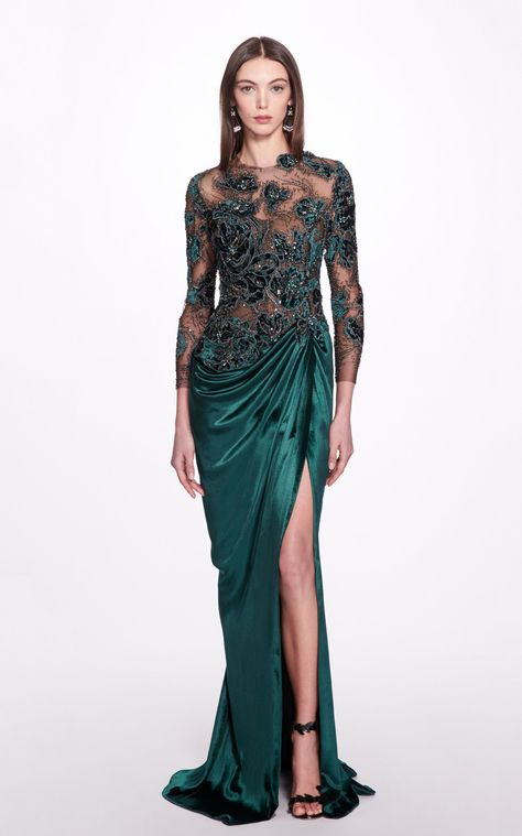 Engineered laser-cut and embroidered velvet sheath gown with long sleeves and draped skirt Marchesa Couture, Emerald Gown, Crystal Gown, Marchesa Fashion, Drape Gown, Black Velvet Gown, Sheath Gown, Embroidered Velvet, Velvet Midi Dress