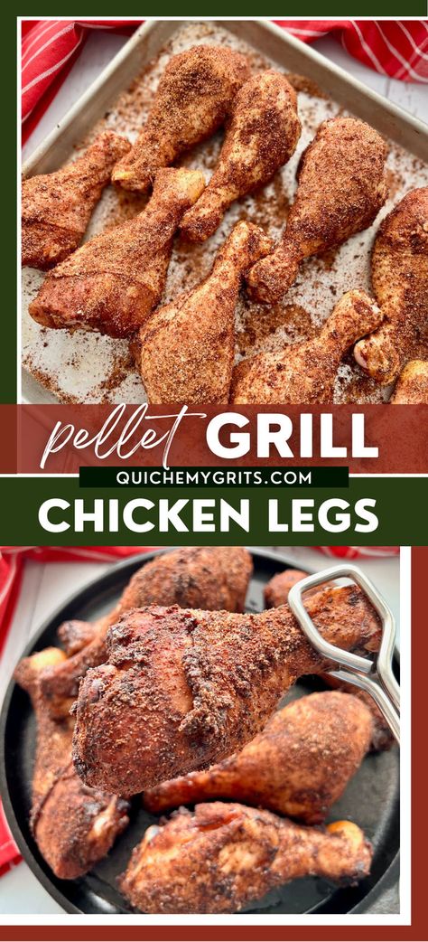 Two graphics depicting pellet grill chicken legs. Pellet Grill Chicken Legs, Pellet Grill Chicken, Traeger Chicken Thighs, Traeger Smoked Chicken, Pellet Grilled Chicken, Smoked Chicken Thighs, Traeger Chicken, Grilled Chicken Legs, Traeger Grill Recipes