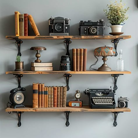 7+ Vintage Office Wall Decor Ideas for a Retro Touch • 333+ Inspiring Lifestyle Ideas Antique Interior Design Vintage Modern, Camera Collection Display, Antique Camera Decor, Mid Century Office Ideas, Vintage Office Aesthetic, Home Wall Ideas, Mid Century Office Decor, Retro Industrial Decor, Ceiling Decor Ideas