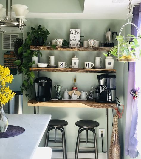 Live Edge Coffee Bar in kitchen Live Edge Coffee Bar, Live Edge Coffee Bar Ideas, Floating Shelves Kitchen Live Edge, Live Edge Bar Shelves, Live Edge Coffee Bar Shelf, Built In Bar Shelves Live Edge, Floating Shelves Kitchen Oak Live Edge, Live Edge Shelves, Diy Coffee Bar