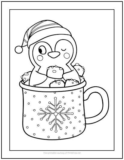 Kids of all ages will adore this cute little penguin taking a dip in a cup of hot cocoa, and coloring it will delight them even more. Best of all, though, is that this printable is FREE for you to download and print. Hot Coco Coloring Page, Hot Cocoa Coloring Page Free Printable, Christmas Penguin Coloring Pages, Penguin Colouring Pages, Hot Cocoa Activities For Kids, Hot Cocoa Coloring Page, January Coloring Pages For Kids, Kawaii Christmas Coloring Pages, Penguin Coloring Pages Free Printable