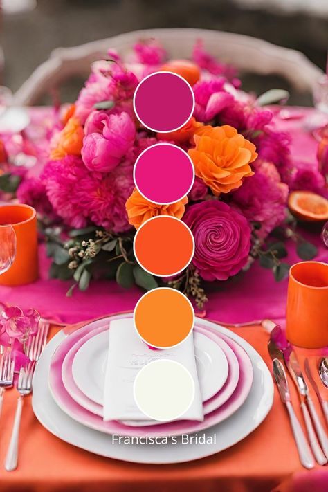 Fuschia And Orange Wedding, Pink And Orange Bridesmaids, Magenta Orange Wedding, Orange And Hot Pink Wedding, Orange And Pink Wedding Theme, Pink And Orange Wedding Theme, Orange Party Theme, Sunset Wedding Theme, Sunset Wedding Colors