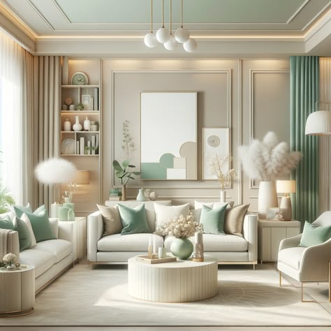 cream and soft mint living room Colour Pattern For Living Room, Mint Green And Beige Living Room, Lounge Ideas Green, Green Wall Color Ideas Living Room, Mint Walls Living Room, Mint Green Home Decor, Mint Living Room Ideas, Mint Green Sofa Living Rooms, Living Room Light Colors