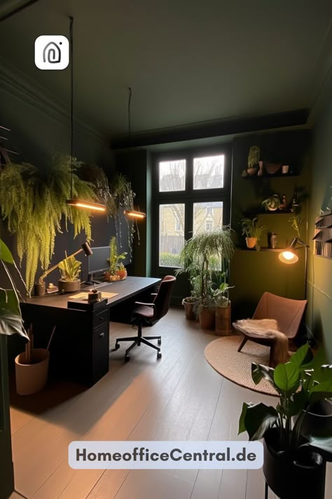 #work from home office setup idea #work from home office setup work from home office design work from home office setup small Green Office Space Design, Dark Green Desk Setup, Green Small Office, Home Office Dark Green, Men’s Home Office Ideas, Desk Setup Plants, Home Office For Men Rustic, Dark Office Design, Dark Green Home Office