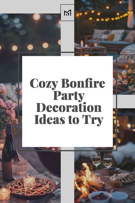 Create an inviting atmosphere for your bonfire party with cozy decorations that enhance the warmth of the flames. Set up blankets, cushions, and rustic wooden benches around the fire pit for comfortable seating. Hang string lights and lanterns from nearby trees, and scatter flameless candles on tables for a magical glow. Add touches of autumn foliage and seasonal flowers to complete the cozy ambiance. Bonfire Decorations Party Ideas, Bonfire 40th Birthday Party, Chili Bonfire Party, Fire Pit Night Friends, Bonfire Birthday Party Ideas For Adults, Cozy Fall Party Ideas, Bonfire Christmas Party, Comfy Cozy Party Theme, Bonfire Graduation Party