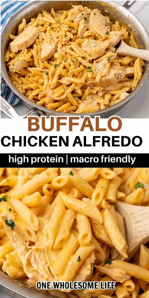 Buffalo chicken alfredo in a skillet. Buffalo Chicken Pasta Healthy, Buffalo Chicken Alfredo Pasta, Buffalo Chicken Alfredo, High Protein Buffalo Chicken, Protein Pasta Recipes, Healthy Low Calorie Dinner, Healthy High Protein Breakfast, High Protein Pasta, Easy Buffalo Chicken