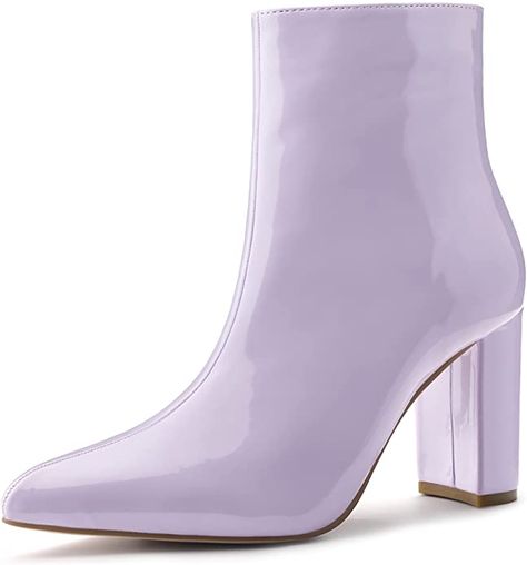 Amazon.com | Allegra K Women's Chunky Heel Pointed Toe Zipper Ankle Boots | Ankle & Bootie Halloween Heels, Color Block Heels, Chunky Heel Ankle Boots, Side Zip Boots, Mirror Surface, Womens Chunky Heels, Purple Shoes, Shoes Boots Ankle, Chunky High Heels