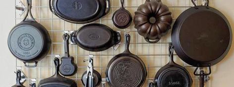 This is How Lodge Employees Store Their Cast Iron Cookware | Lodge Cast Iron Cast Iron Cookware Display, Cookware Display, Lodge Cookware, Seasoned Cast Iron Pan, Cookware Organization, Cookware Storage, Pan Storage, Seasoning Cast Iron, Lodge Cast Iron