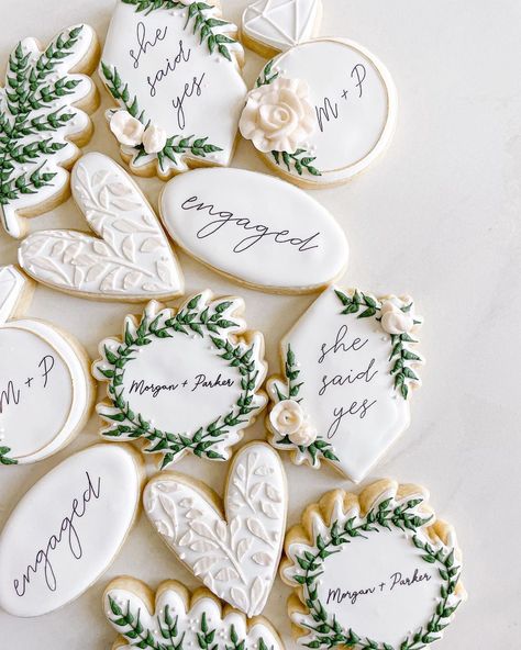 Sugar + Serenity on Instagram: “The loveliest engagement cookies 🤍 . . #engaged #engagementcookies #weddingcookies #shesaidyescookies #shesaidyes #decoratedsugarcookies…” Engaged Cookies Decorated, She Said Yes Cookies Engagement, Christmas Engagement Cookies, Engagement Party Cookies Decorated, Engagement Sugar Cookies Decorated, Cookies For Engagement Party, Hens Cookies, Engaged Cookies, Engagement Cookies Ideas