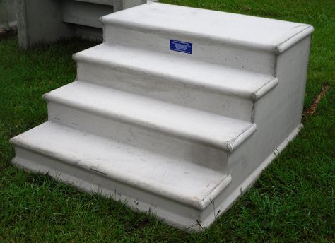 Redoing Cement Steps, Covering Cement Steps With Wood, Wood Steps Over Cement Steps, Cement Stairs Outside, Floating Cement Stairs Outside, Stair Moulding, Cement Steps, Aluminum Handrail, Patio Stairs