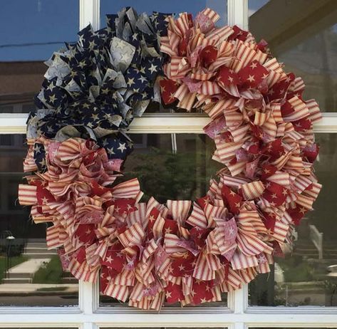 Patriotic Farmhouse Rag Wreath | Needlepointers.com Fouth Of July Crafts, Rag Wreath Tutorial, Americana Crafts, 4th July Crafts, Fall Arts And Crafts, Friend Crafts, Fabric Wreath, Pinterest Diy Crafts, Rag Wreath