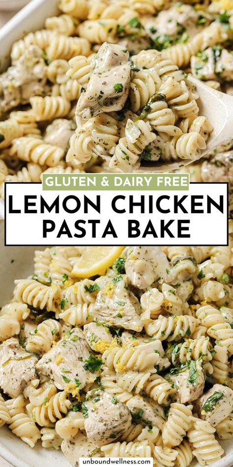 This lemon chicken pasta bake is the perfect one pan meal for busy nights! It’s gluten-free and is made with a dairy free creamy lemon sauce. Dairy Free Meals For A Crowd, Quick And Easy Gluten Free Dinner Recipes, Dairy Free Meals Easy, Easy Cheap Dairy Free Dinners, Gluten Free Recipes And Dairy Free, Gluten Free Pasta Meals, Gluten And Dairy Free Casseroles, Gf Meal Ideas, Healthy Chicken Pasta Recipes Dairy Free