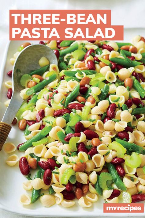 We combined two potluck classics—pasta salad and three-bean salad—to make one tasty new side dish. Blanched celery is the unexpected star in this side dish; it has a tender-crisp texture and bright green color. Swap out the canned beans for your favorite cooked field peas.#summerrecipes #summerdishes #recipes #summerfood #summerrecipeideas Green Bean Pasta Salad, Bean Pasta Salad, Field Peas, Three Bean Salad, Bean Pasta, Cold Side, Easy Pasta Salad Recipe, Cooking Green Beans, Cold Pasta Salad