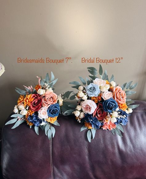 Wedding Bouquet With Navy Blue and Rust Orange Flowers, Bridesmaids Bouquets, Rust Orange Bouquets, Fake Terracotta Bouquet, Faux Bouquet - Etsy Fall Blue Bouquet, Fall Bouquet With Blue, October Bouquet, Terracotta Bouquet, Flowers Bridesmaids, Faux Bouquet, Faux Pampas, Orange Terracotta, Orange Bouquets