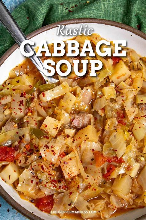 This rustic cabbage soup recipe is loaded with flavor with lots of tender cabbage simmered with ham hocks, fire roasted tomatoes, and warming spices. Ham And Cabbage Soup, Spicy Soup Recipes, Turnip Soup, Ham And Cabbage, Cabbage Soup Recipe, Ham Hocks, Chili Pepper Recipes, Homemade Hot Sauce, Pork And Cabbage