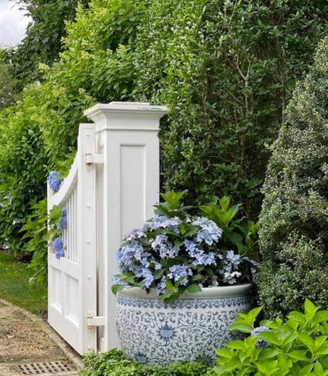 Driveway Entrance Landscaping, Garden Gate Design, Wooden Gate, Driveway Entrance, Wood Gate, Blue Hydrangeas, The Enchanted Home, Circular Driveway, Enchanted Home