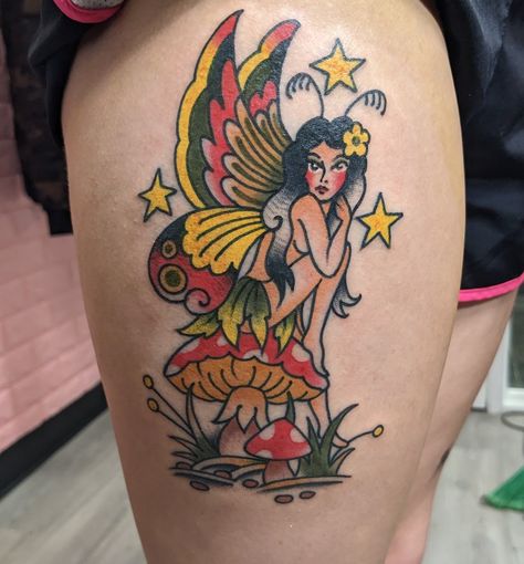 Girly Traditional Tattoo Black, Pretty American Traditional Tattoo, Trad Fairy Tattoo, American Traditional Fairy Tattoo, Traditional Fairy Tattoo, Traditional Lady Tattoo, Girly American Traditional Tattoo Ideas, Elf Tattoo, Fairy Tattoos