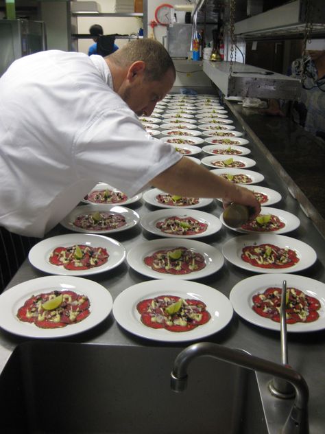 Carpaccio being prepared by Zinc's Head Chef. #zincportdouglas Sous Chef Aesthetic, Female Chef, Sous Chef, Food Garnishes, Chef, Restaurant