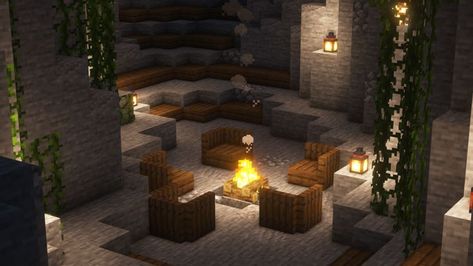 Minecraft Bonfire Pit, Minecraft Bonfire Ideas, Fire Pit Minecraft, Minecraft Fire Pit, Minecraft Campfire Ideas, Minecraft Camping Spot, Minecraft Camp Fire Ideas, Minecraft Campfire Aesthetic, Minecraft Camp